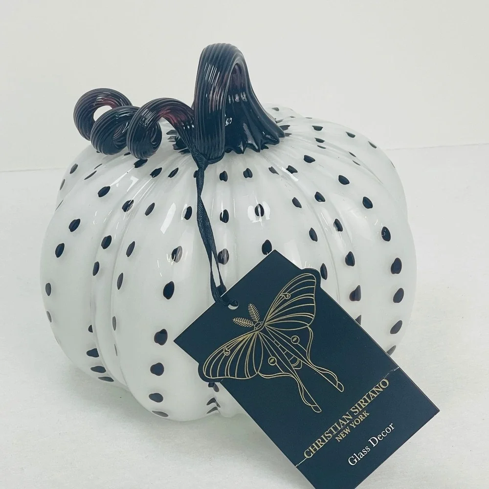 Christian Siriano New York Glass Pumpkin Decor White Black Polka Dot Purple Stem
